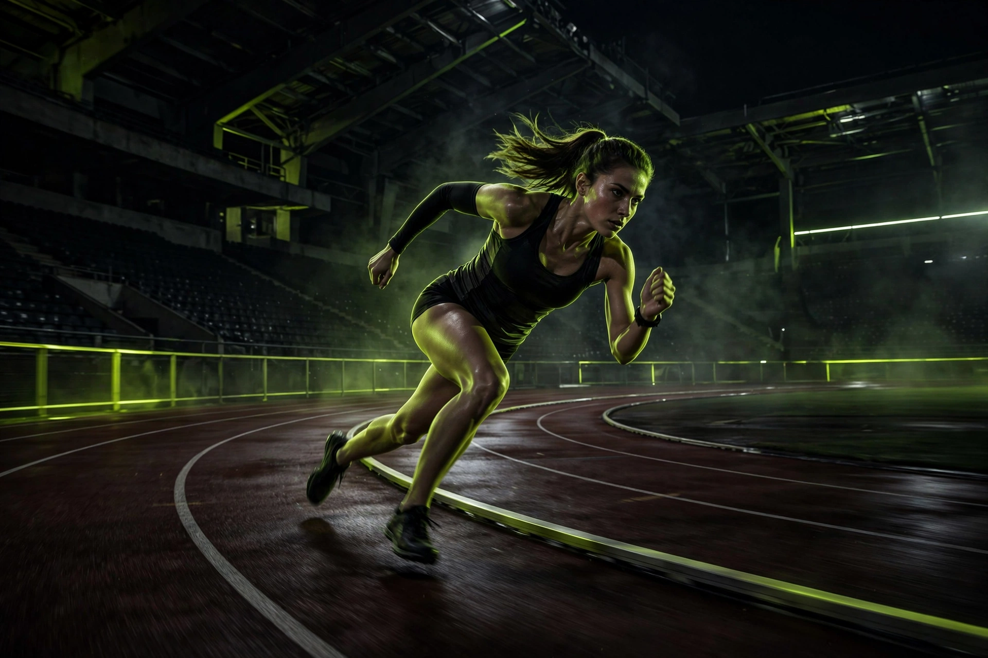 Runner sprinting through a track curve under lime light